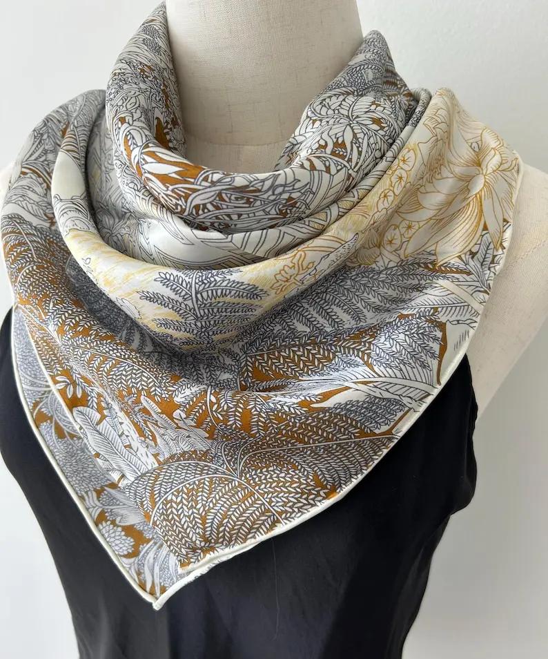 Mulberry Silk Scarf: Gold Beige Forest Print (35”x35”)