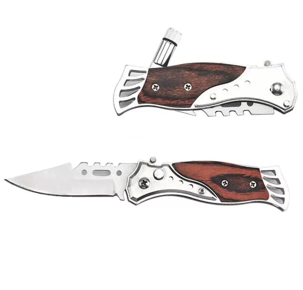 Rosewood Handle Pocket Knife with LED Light, C06 Stainless Steel EDC Blade for Adults' Camping, Hiking & Bushcrafting, Ebony Wood