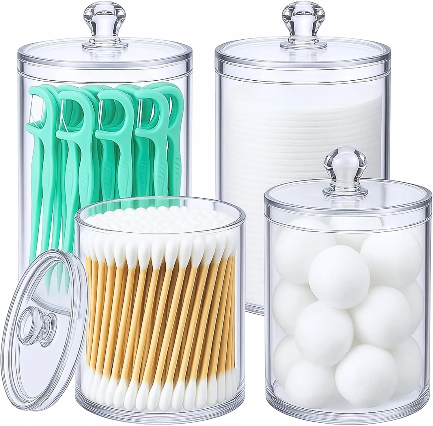 Havenity 4-Pack Farmhouse Plastic Acrylic Qtip Holder Canister Set - Dustproof Apothecary Organiser Jars, Kitchen & Vanity Storage Bottles & Jars for Bathroom Organization of Cotton Swabs, Pads, Floss Picks, Decoration