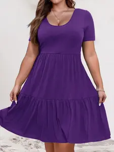【Plus Size】 Solid Color Tee Dress, Casual Fit Dress, Casual Short Sleeve Dress for Summer, Women's Plus Clothing for Daily Wear