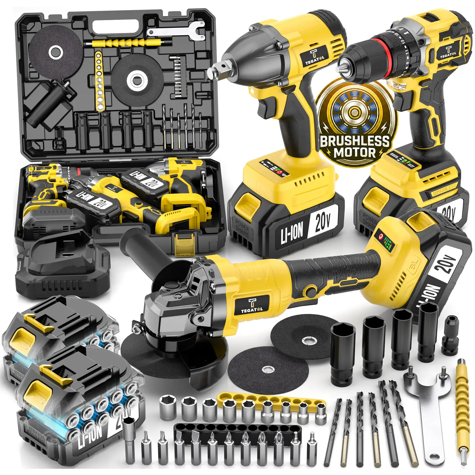 20V 3-in-1 Brushless Cordless Power Tool Set - Cordless Drill ,  Angle Grinder, Impact Wrench Combo with Accessories and 4.0Ah Batteries for Construction & DIY Users,Ideal Gift for Father,Husband,DIYer