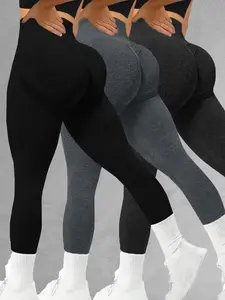 Women's Solid Ruched High Waist Sports Leggings, Athleisure Fitness Leggings, Solid Color Leggings, High Waisted Leggings, High Stretch Seamless Comfy Breathable Skinny Pants for Yoga Gym Workout Running, Ladies Sportswear for Summer All Seasons