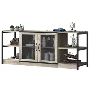Garvee Industrial Farmhouse TV Stand for 60–80 Inch TVs – Mesh Doors – 3-Tier Storage Shelves & Cabinet – Rustic Grey Media Console – Sturdy Metal Frame – Entertainment Center for Living Room