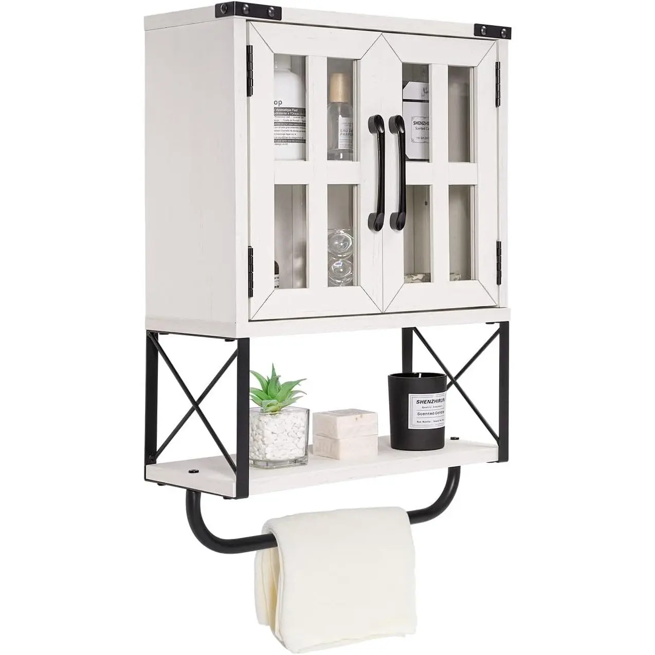 Farmhouse Medicine Cabinet with Cross Glass Doors, Wood Wall Storage Cabinet, 3-Tier Rustic Bathroom Cabinet with Adjustable Shelves and Towel Bar for Living Room(Vintage White, Small)