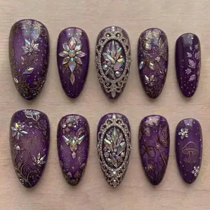 Handmade Galaxy Crystal Press On Nails | Purple Fairy Luxury Nails | 3D Rhinestone Gothic Nail Set