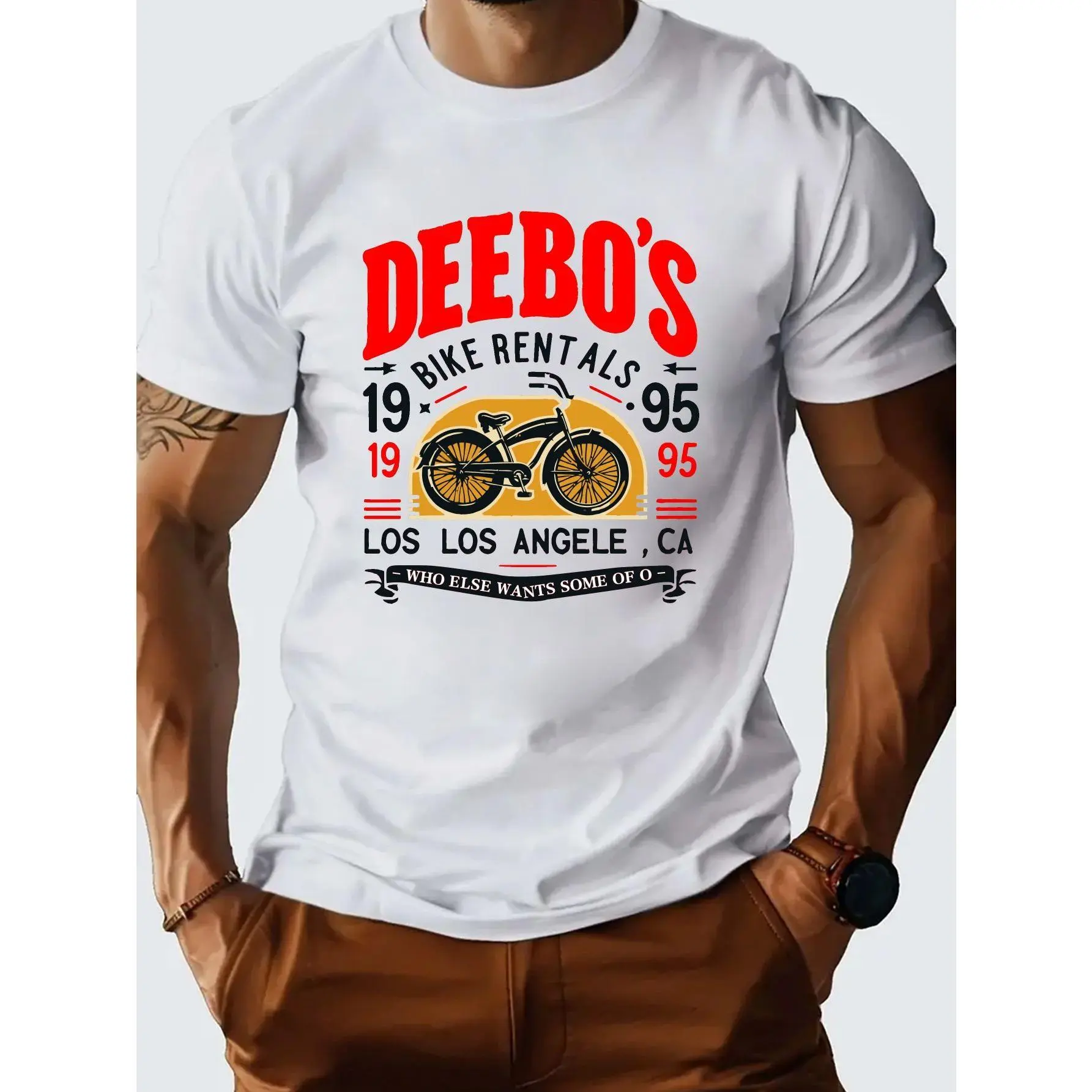 Men's Deebo's Bike Rentals 1995 Graphic T-Shirt, a Comfy 100% Cotton Shortsleeve Top in a Retro Los Angeles Streetwear Style with a Relaxed Fit, Breathable, Fitted, Crewneck, Menswear, Fabric, Soft