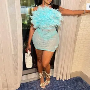 See-Through Feather Hot Drilling Sleeveless Dress - Casual Womenswear in Blue with Ribbed Detail and Feather Collar Comfort Comfortable