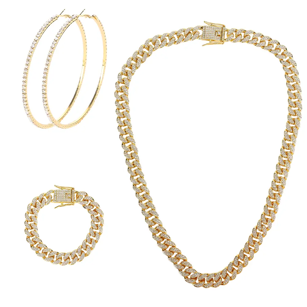 3PCS JEWELRY SET Cuban Link Chain Necklace Bracelet Rhinestone Earrings Bling Necklace Bracelet Crystal Big Circle Earring for Women