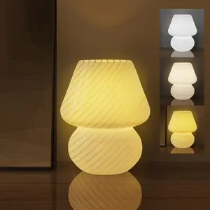 Small 3-Color Temperature Glass Striped Mushroom Lamp, Table Bedside Lamps for Bedroom,Living Room,Study,Home Office Decor Gift