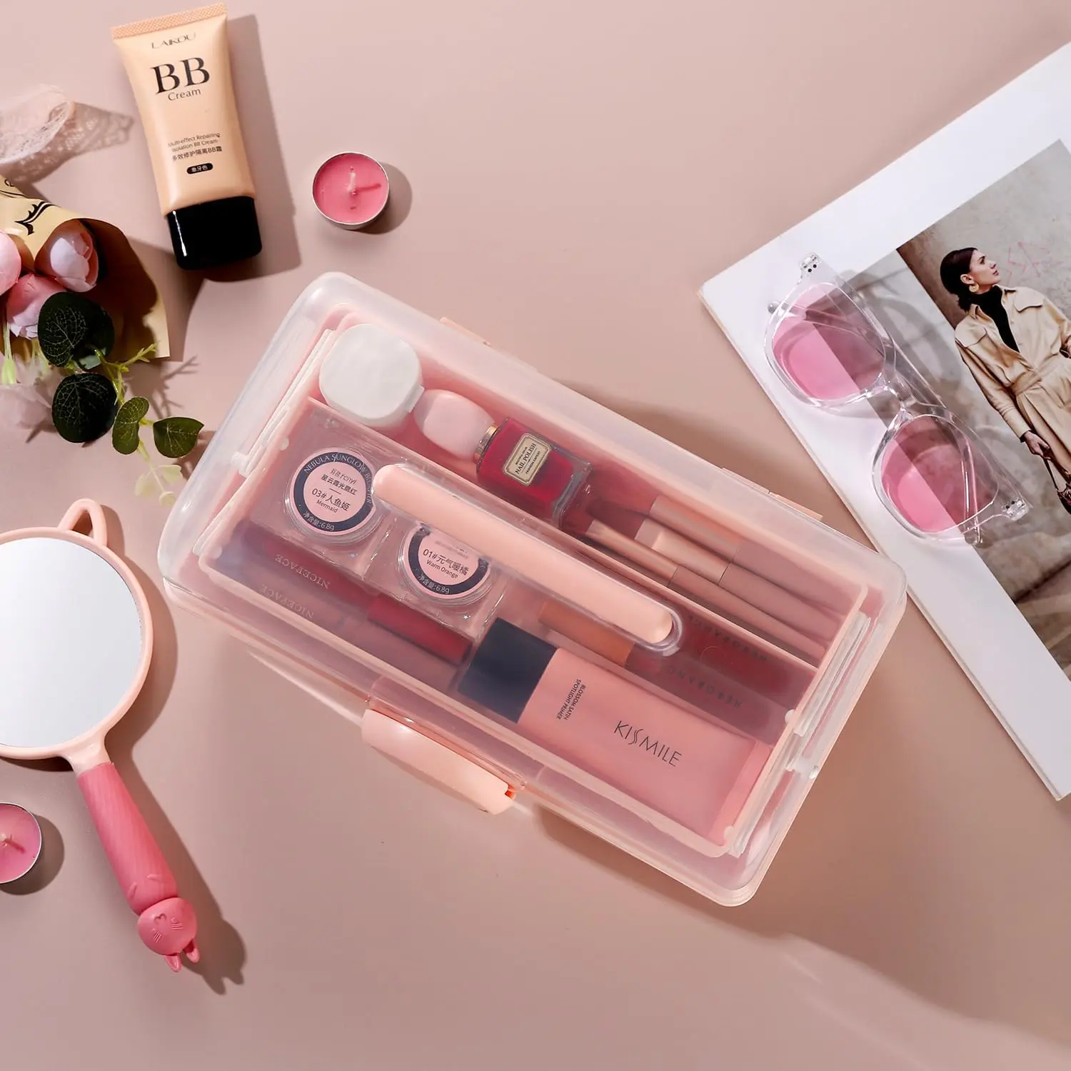 Pink Makeup Storage, Pink Tackle box for Women with Handle. Cosmetic Storage Box Organizer, Portable 3 Layers Makeup Case for Home