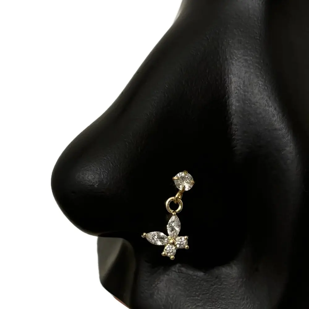 Statement Gold Dangling Butterfly Nose Stud, New NoseRing for women, L-shape Nose Rings, Nostril Piercing, Hypoallergenic Nose Jewelry, 20 gauge Nose Rings, BodyPiercingJewelry