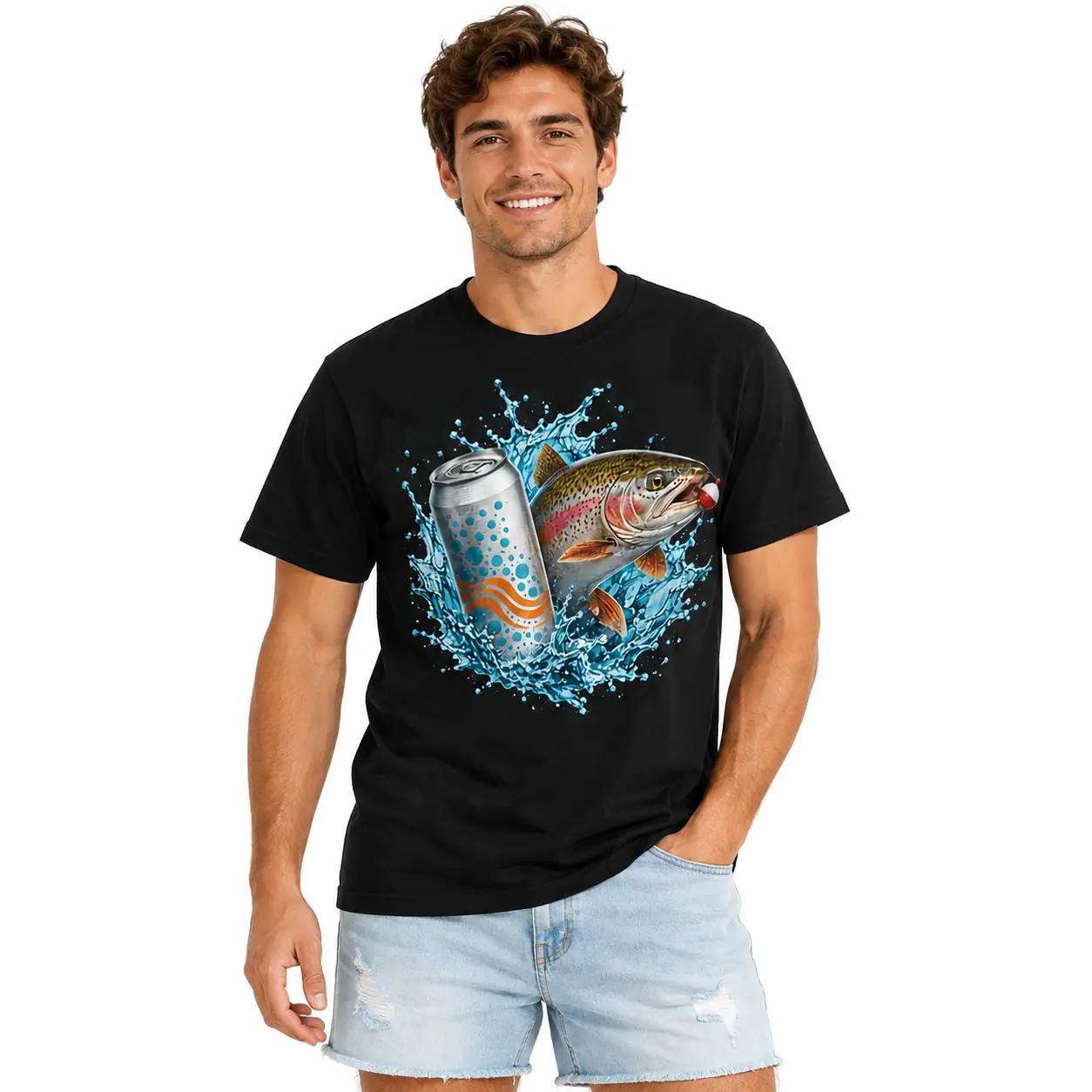 Men's Unisex Short-Sleeve Oversized Trout Beer Splash Print Tee, Matching His Hers Rainbow Fish Graphic Tops, Soft Cotton Loose Fit Funny Meme Back to School Campus Casual Shirt