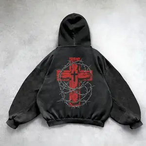Barbed Wire Cross Hoodie, Sacred Heart Front Print, Unisex Oversized Vintage Washed, Heavyweight Christian Streetwear