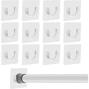12 count Curtain Rod Holder Set - ABS No Drill Shower Brackets, Self-Adhesive Tension Organizers, Clear No-Drill Rod Holders for Kitchen, Bathroom, Window, Bookshelf, Closet