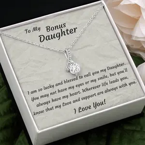 To My Bonus Daughter Sparkling Pendant Necklace with Inspirational Message – Sentimental Gift of Love – Cherished Keepsake Jewelry
