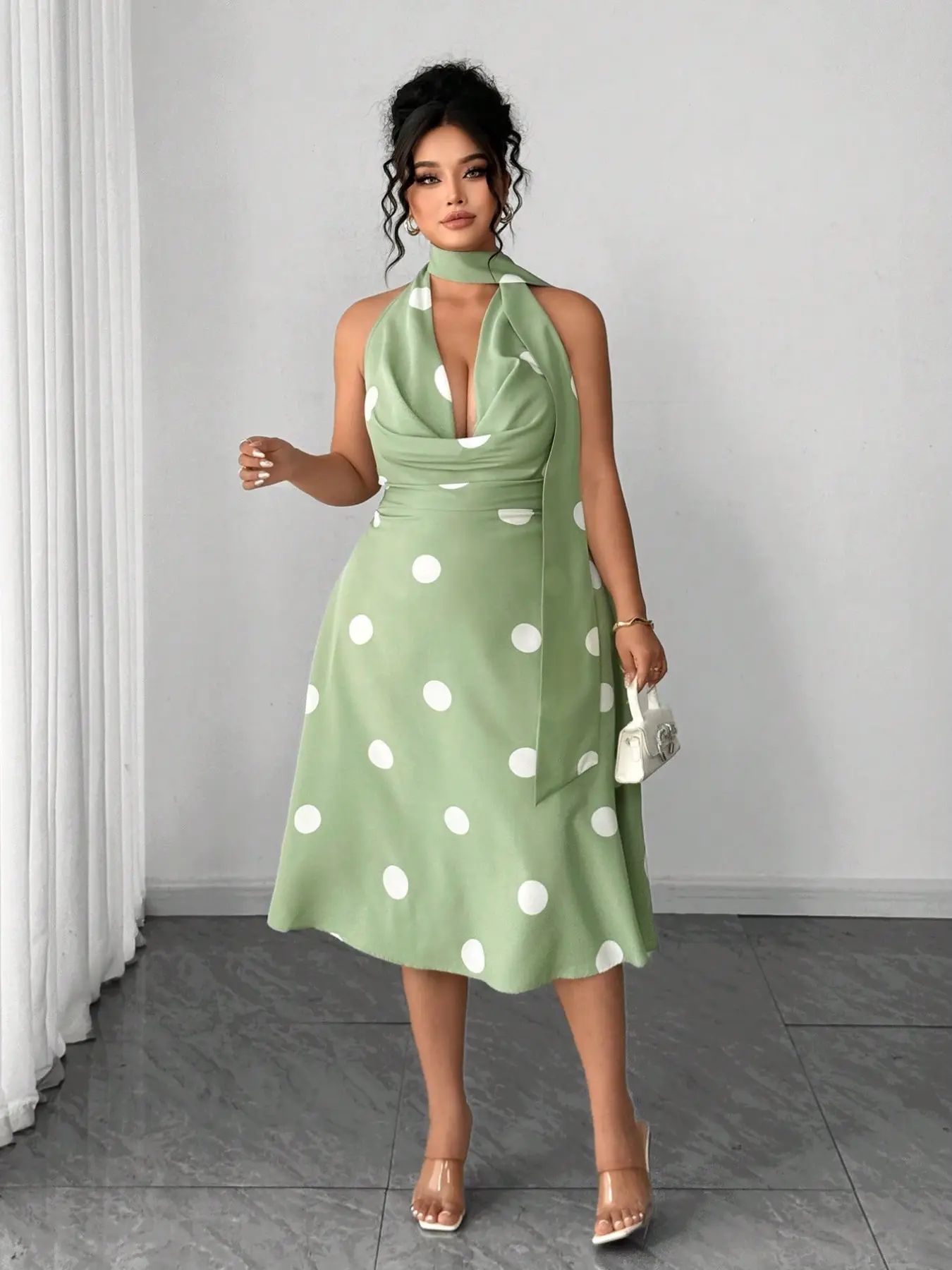 green polka dot halter dress Baia Green Polka Dot Satin Halter Dress by AMY LYNN