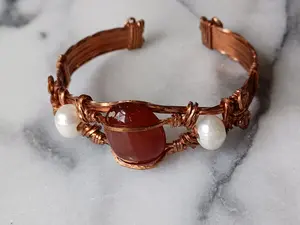 Custom Copper, Carnelian, and Freshwater Pearl Cuff Bracelet - Handcrafted Design - Custom Size