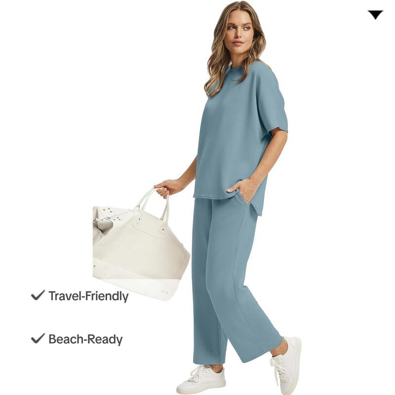 OFEEFAN Two Piece Sets for Women Summer Outfits Oversized Wide Leg Crop Pants Lounge Sets Airport Beach Vacation Clothes |(Size Up 1-2 for Oversized Look) Casual Shortsleeve