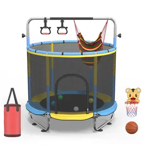 1pc 60" Height-Adjustable Trampoline W/Safety Enclosure, 500 LBS Capacity - Indoor/Outdoor Round Trampoline W/Adjustable Gymnastics Bar, Sandbag, Basketball Hoop | Premium Exercise & Play Space