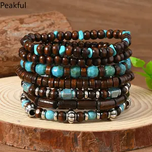 Bohemian Multilayer Bracelet Set Wood Beaded Turquoise Accent Retro Ethnic Charm Wristband Stackable Hand Jewelry for Men Women
