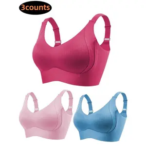 Women's 3-Pack Seamless Wireless Push Up Bra, Adjustable Supportive Solid Ribbed Bra, Soft Comfortable Breathable Lingerie with 4 Hooks, Perfect for Daily Wear, All Seasons Comfortable Intimates for Women