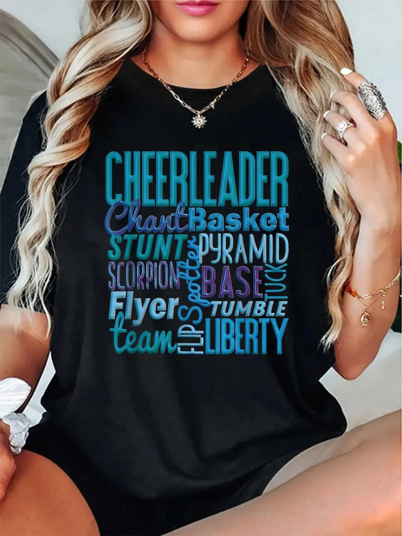 100% Cotton Cute Cheerleader Gift, Blue Cheer Moves Cheerleading T-Shirt, Women Graphic T Shirts -  Printed Short Sleeve T-Shirt Top
