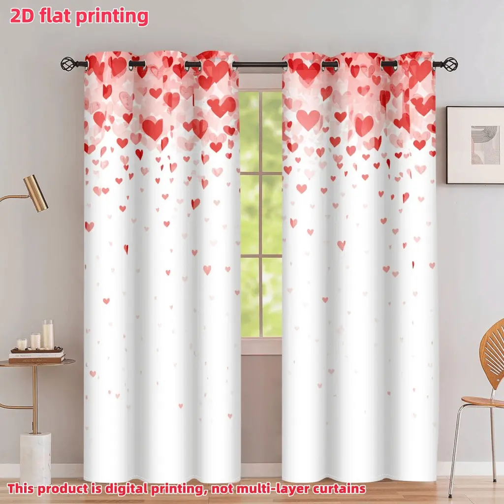 2D Flat 2Pcs Romantic Red Heart Print Sheer Curtains, Eyelet Design, Semi-Shading, Suitable for Living Room, Bedroom, Balcony Window Decoration, Accessory, Anti-Privacy.