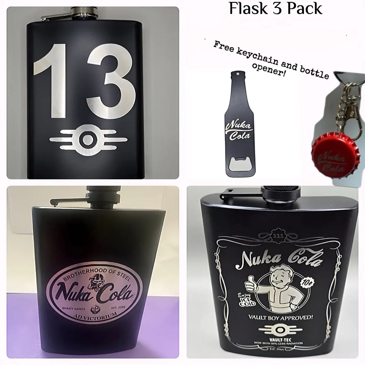 Nuka cola vault boy Flask 3 Pack Gift Set with bottle opener and keychain  - Fallout Fan Art laser engraved unofficial collectible gift Hip Flask gift box Drinkware Stainless Steel