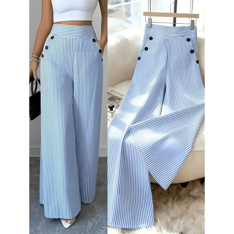 Women's  High-Waist Loose Wide-Leg Blue & White Striped Trousers with Button Pocket, Beltless Waist, Machine Washable for Commuting & Formal Wear, All-Season Elegant Clothes for Mature Women