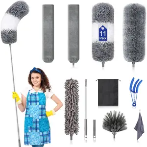 Microfiber Duster Kit (11PCS) - Washable Dusters with Extension Pole (30 to 100 in) for Cleaning Ceilings Fans Furniture