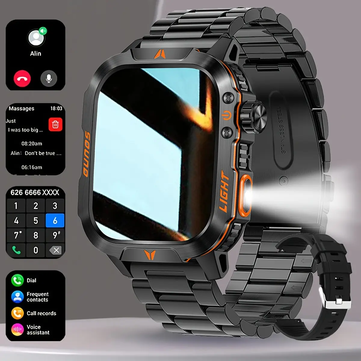 New 2025 manly style Smart Sports Watch With LEDLights Wireless Calling, Message Reminders,Sports Mode, Voice Assistant, Weather Push,Stopwatch, Timer
