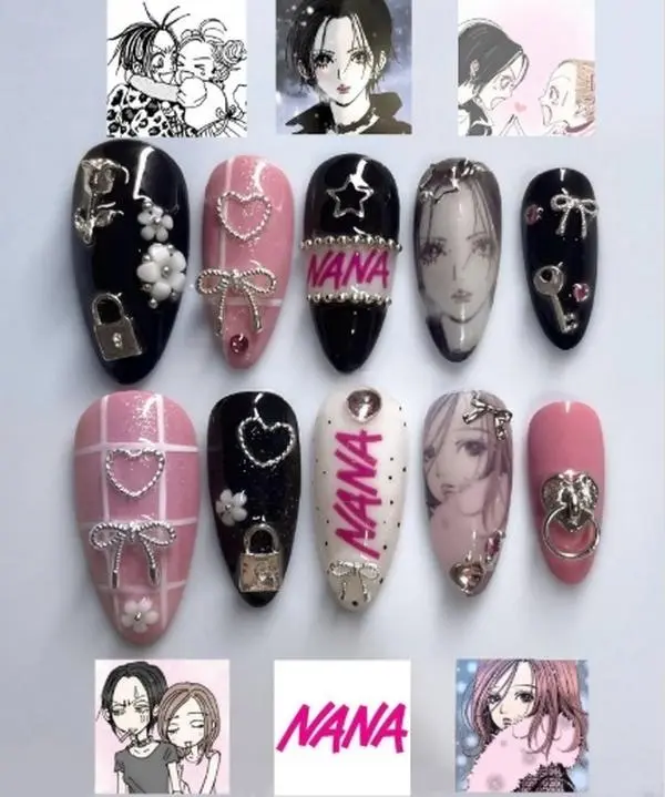 NANA Inspired Nails – Bold pink, black, and white tones with chains, hearts, and portraits capturing the punk-romantic essence of Nana Osaki and Nana Komatsu’s iconic style.
