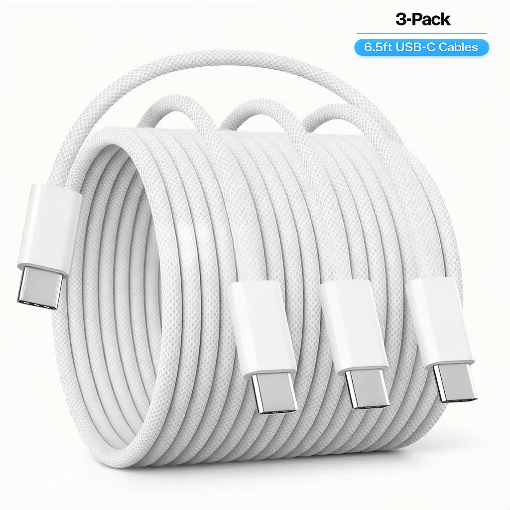 Braided USB-C to USB-C Cable 3-Pack 6.5FT, 60W Fast Charging for Samsung Galaxy S25/S24/S23, LG, Pixel, OnePlus, iPad, Switch, USB C Charger Cord