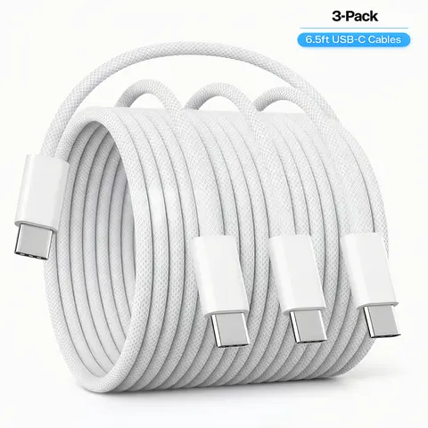 Braided USB-C to USB-C Cable 3-Pack 6.5FT, 60W Fast Charging for Samsung Galaxy S25/S24/S23, LG, Pixel, OnePlus, iPad, Switch, USB C Charger Cord Data Charging Cable