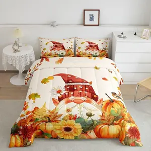 Fall Thanksgiving Bedding Set,Gnome Pumpkin Comforter Set,Maple Leaves Farm Harvest Autumn Theme Oil Painting Comforter,Kids Boys Girls Quilt