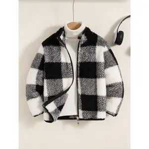 Boys' Casual Daily Outing Fashion Plaid Pattern Zippered Stand Collar Long Sleeve Double-Sided Jacket Top for Autumn and Winter