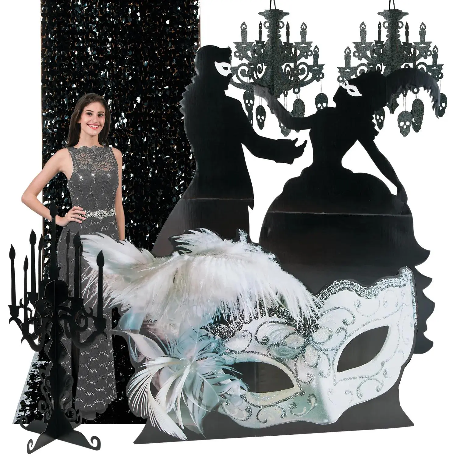 Haunted Masquerade Premium Decorating Kit - 8-Pc Festive Party Supplies with Vinyl Backdrop, Spooky Flowers, Cardboard Accents, Halloween Ideas