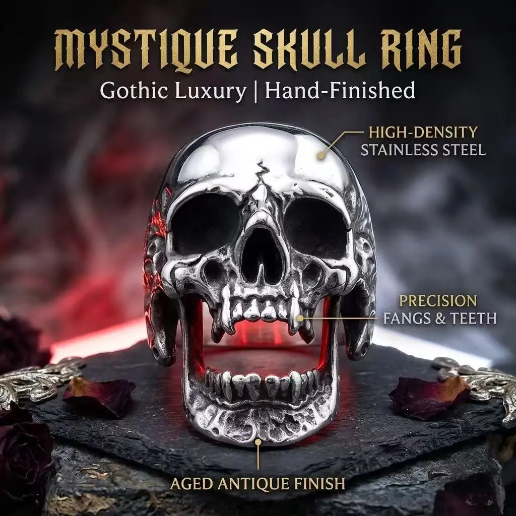 Hip hop retro punk style long tooth zombie skull ring Gothic style titanium steel men's ring gift ring Inspirational Trauma Ring Vintage Rings Jewelry
