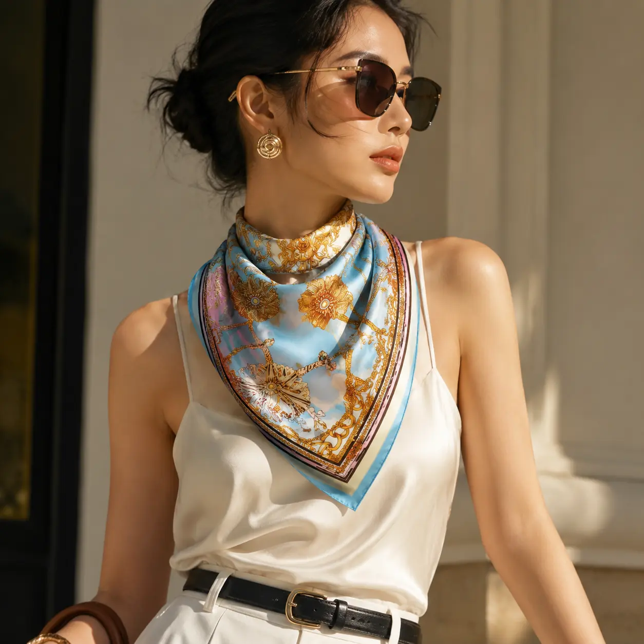 35.4×35.4 Inch Square Silk Scarf for Women, Printed Neck and Head Scarf with Hair Wrap, Shawl and Handbag Styling Uses
