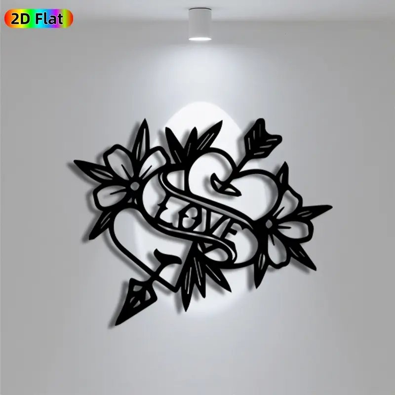 1pc Romantic Heart with Love Banner & Flowers Metal Wall Art, Romantic Heart with Love Banner & Flowers Statue Mural, Iron Craft, Perfect for Bedroom, Boudoir, Love Alcove Decor,  Artistic Metalwork, Valentine's Decor, Ideal Gift for Romance Enthusiasts