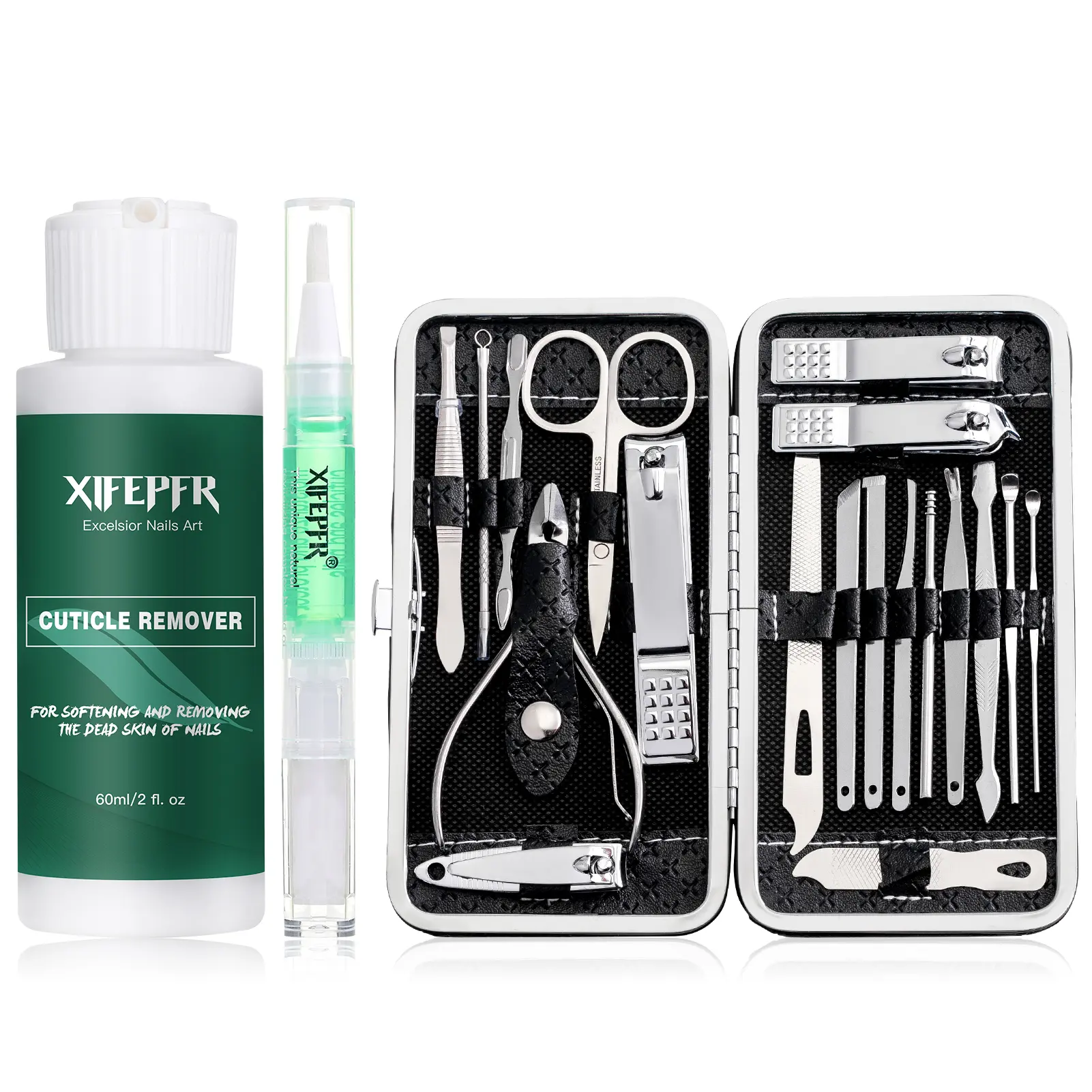 XIFEPFR 19Pcs Nail Care Manicure-Pedicure Kit - Stainless Steel Nail Clippers, Cuticle Remover Cream, Black Luxurious Travel Case, Gift for Men and Women