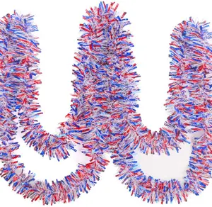 LOMIMOS Independence Day Patriotic Tinsel Garland, Metallic Garland for 4th of July Memorial Day and Veterans Day Decorations, 33 Feet