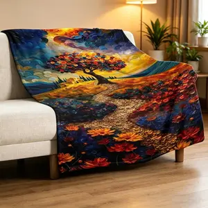 Vibrant Oil Painting Tree Blanket, Soft Cozy Flannel Throw for Bedroom, Artistic Landscape Aesthetic Decor Gift