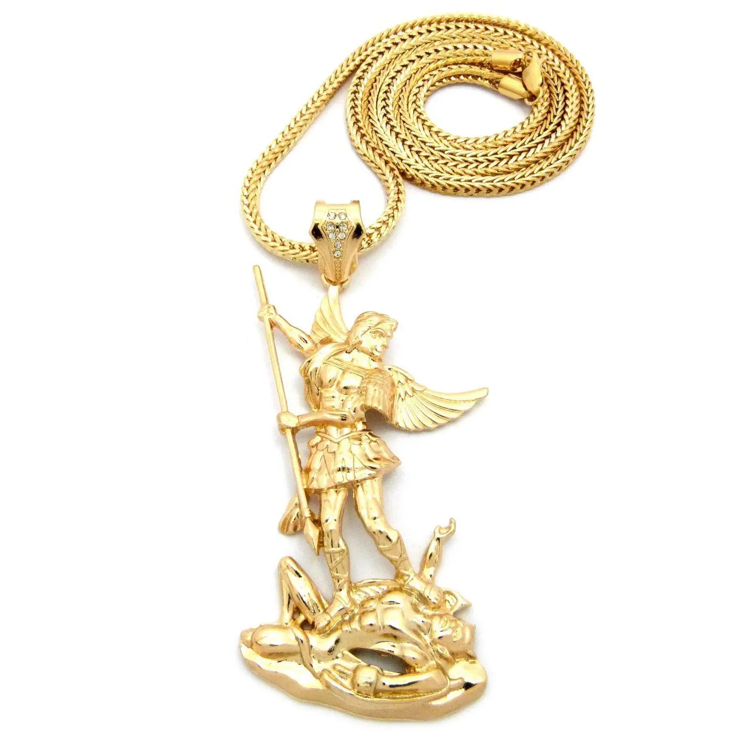 MaxBling81 Unisex Polished Finish Gold Plated Necklace - High-Quality Hip Hop Large Archangel Motif Saint Michael & Lucifer Peace Charm Pendant, 4mm Stainless Steel Franco Chain (18in/20in/24in) Gold Statement Chain (No Metal Coating, Daily Wear), Saint M