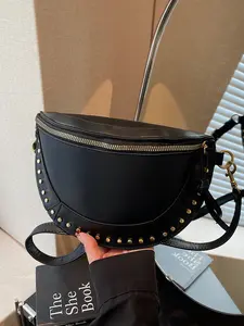 Women's PU Fabric Crossbody Bag, Fashionable Rivet Decor Single Shoulder Chest Bag, Adjustable Strap, Zip Closure, Ideal for Office, School, Work, Travel