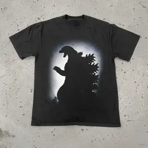 Godzilla 'Aura' Heavyweight Faded Black T-shirt, Crew Neck Casual Shirts, Vintage Graphic Tees, Unisex Tshirt Gothic Grunge Y2k Emo Scene Amity Affliction Style Clothes Gifts For Men Women Streetwear Menswear Womenswear