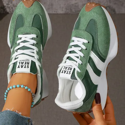 Women's Thick Sole Casual Shoes, Patchwork Laces, Breathable Anti-Slip Sports Shoes, Thick Soled Sneakers, Casual Walking Sneakers, Casual Lifestyle Sneaker, Ideal for Outdoor Activities, Commute, and Leisure