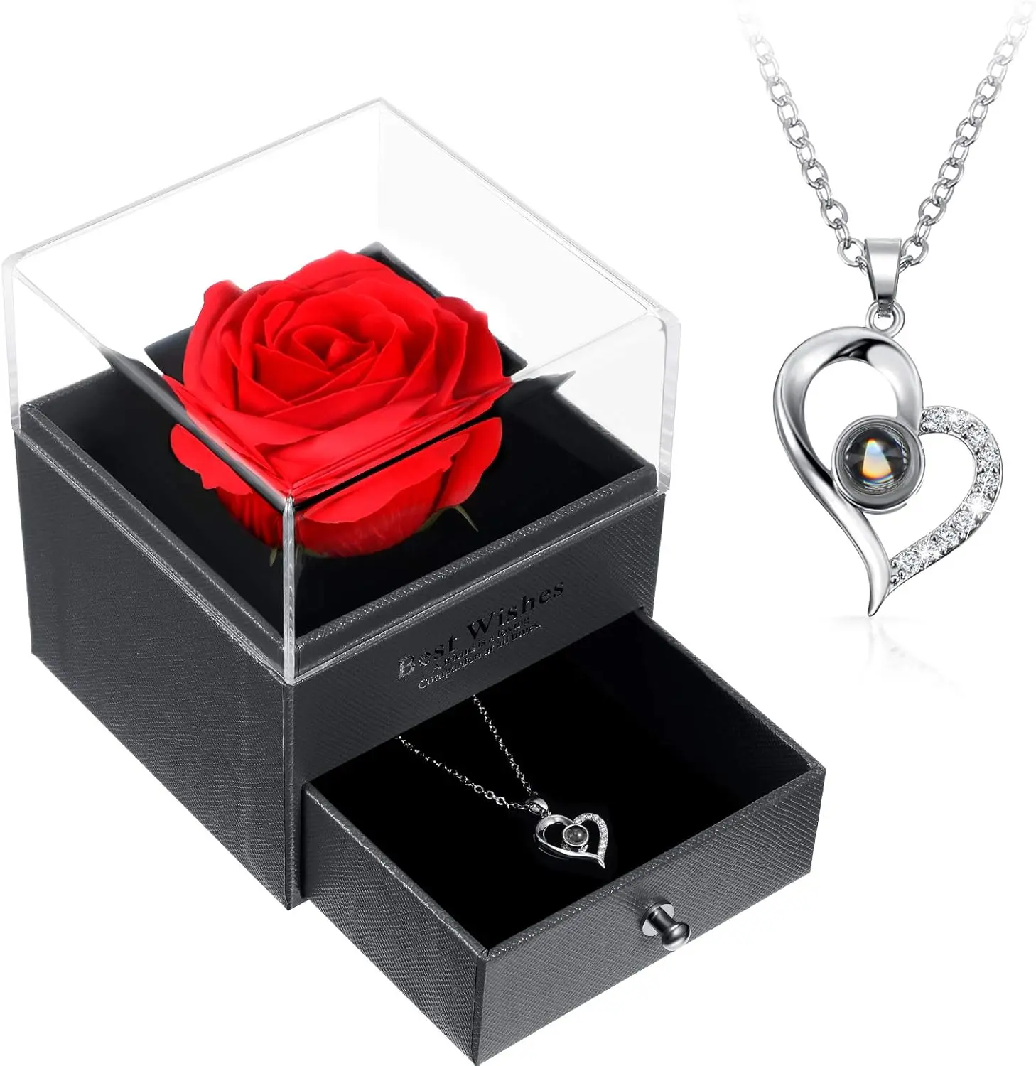 Necklace Gift for Girlfriend I Love You in 100 Languages Projection Pendant Necklace with Preserved Red Rose Flowers in Box for Women Mom Wife on Anniversary Birthday