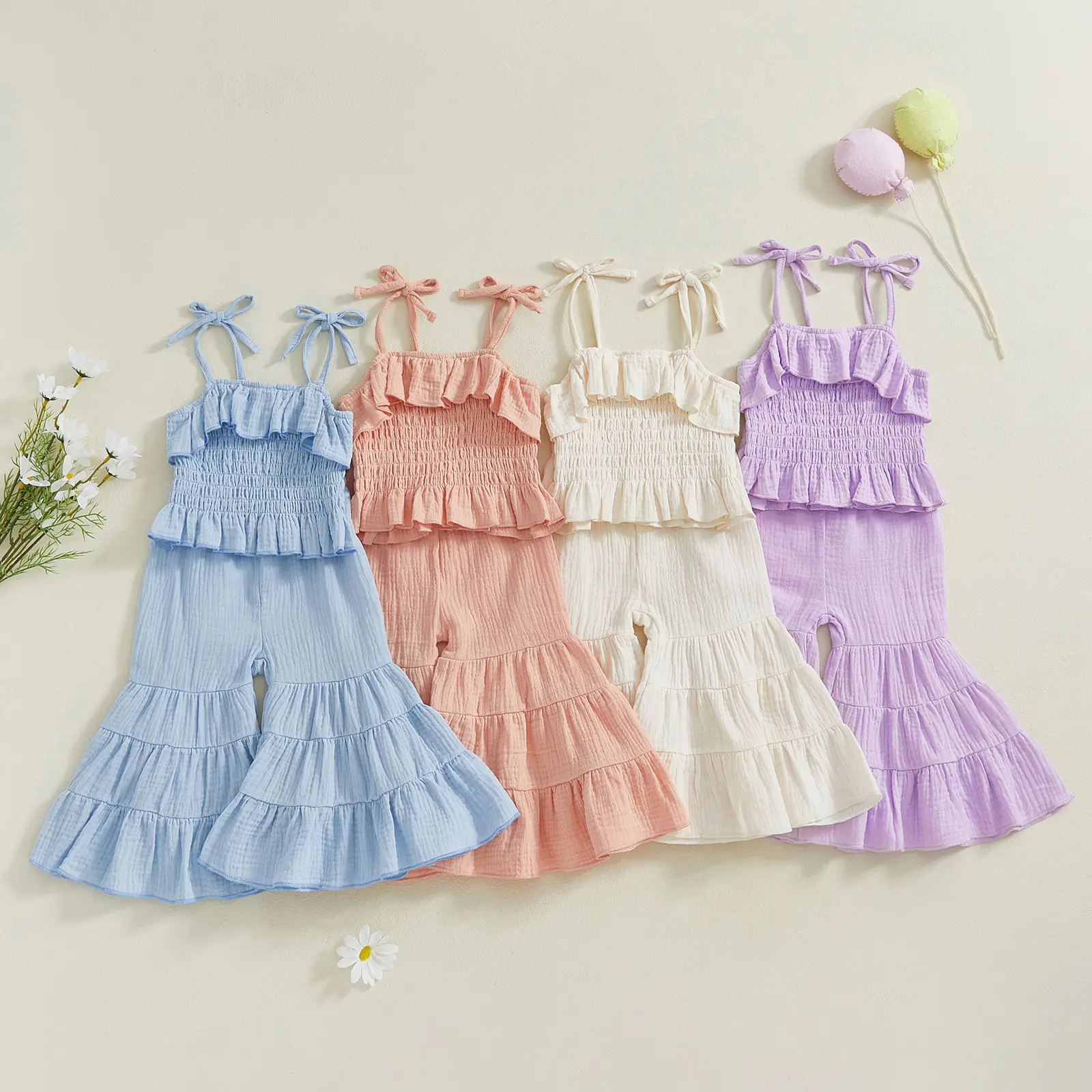 [Yomi Kids] Toddler Girl 2-Piece Summer Fashion Clothes Set, Sleeveless Smocked Adjustable Straps Camisole & Elastic Waistband Flare Pants, Solid Color Kids Clothing for Baby Girls & Toddler Stuff, Fashion Clothes Sets, Kids Clothing Girls