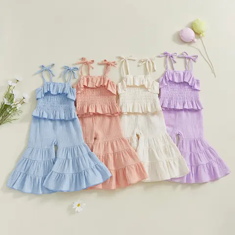 [Yomi Kids] Toddler Girl Cotton-Poly Blend 2-Piece Summer Casual Set Outfit, Sleeveless Smocked Adjustable-Strap Camisole & Elastic-Waist Flare Pants, Solid-Color Fashion Style Clothing for 12-18 Months Baby Gift Set